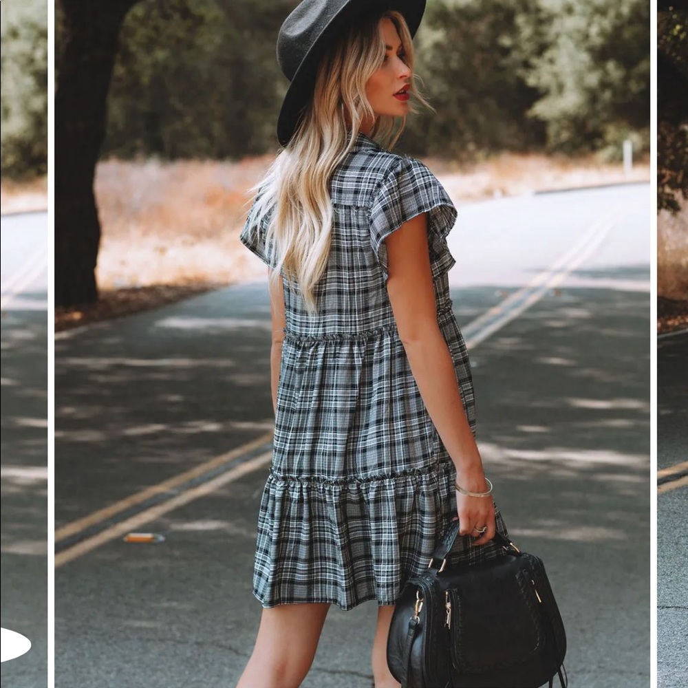 VICI Shift Dress Plaid Button Down Babydoll Dress Black White Grey Plaid Neutral